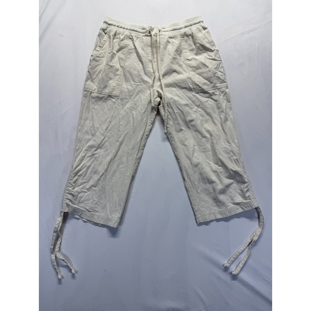 Green Cotton Capri Pants Womens Large Beige Mid Rise Cinched Leg Ties Drawstring